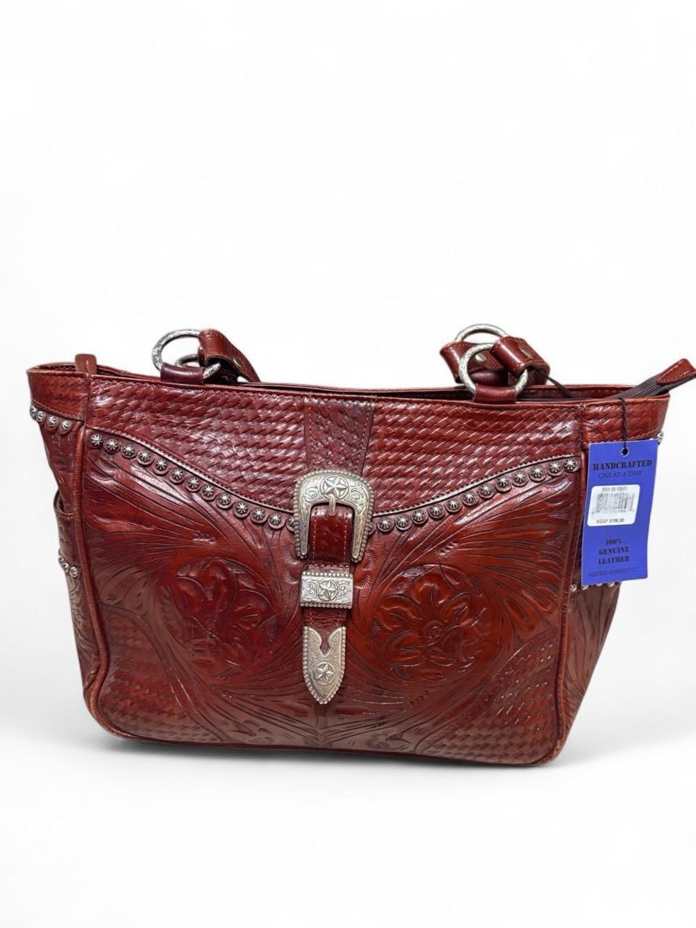 American West Tooled Leather Tote in Rich Mahogany